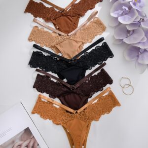 [Elegant Thongs] 5-Pack Comfortable Elegant Solid Color Thongs/V-Strings for Women, High Elasticity Polyester Knit Fabric Underwear, 95% Polyester 5% Elastane