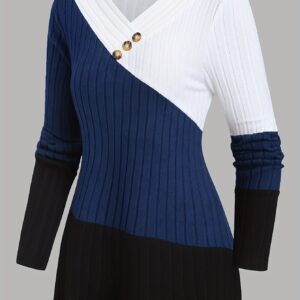 Women's Spring/Autumn Ribbed Color-Block V-Neck Long Sleeve Pullover Casual Fashion Loose Breathable Top
