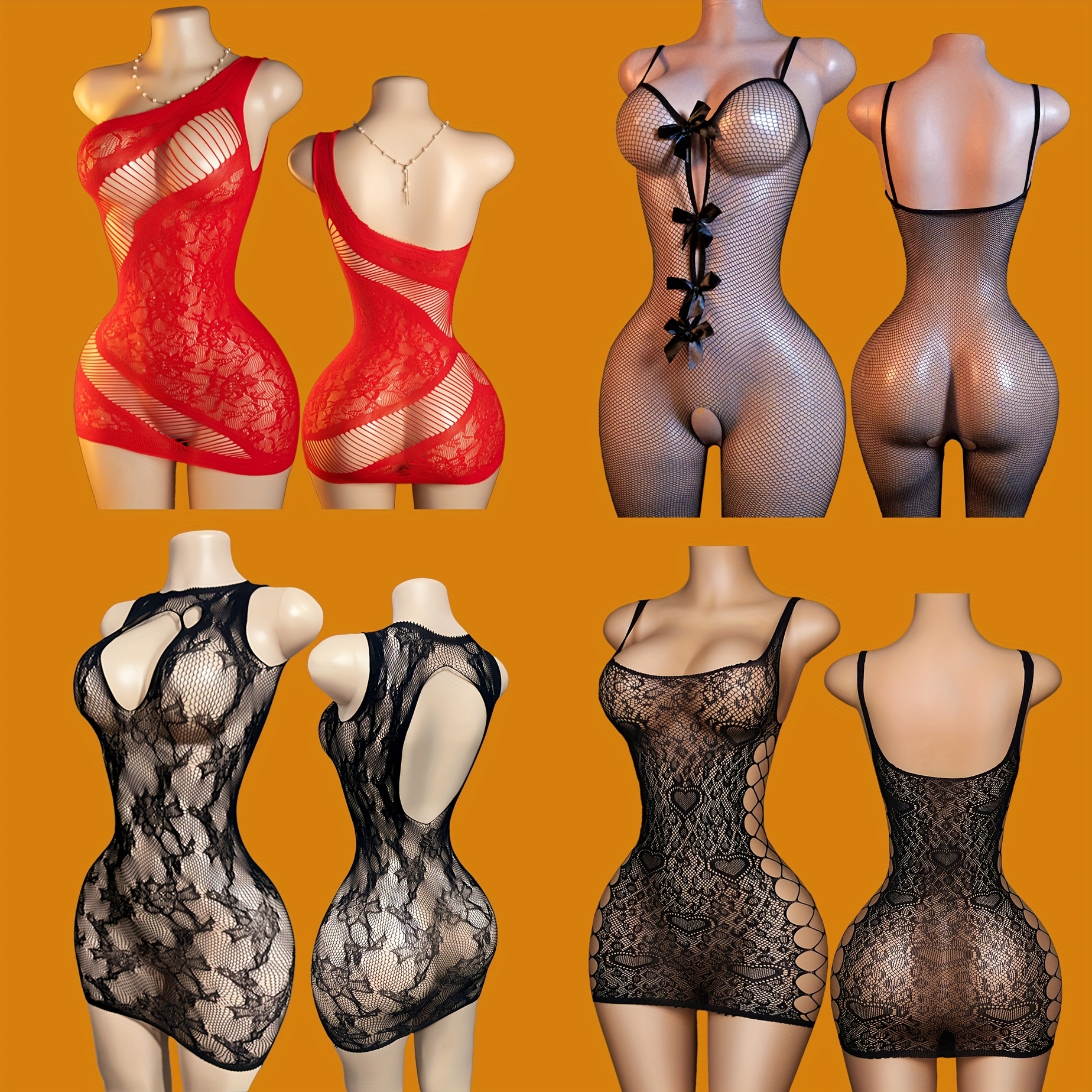 4pcs Women's Sexy Sheer Mesh Bodysuit - Floral Slit Cutout Design, Black & White Lace Trim, High-Stretch Netting Jumpsuit, Ladies’ Intimate Apparel, Hand Wash Only, Adult Private Clothing, Feminine Alluring Outfit, Exquisite Craftsmanship - Image 3