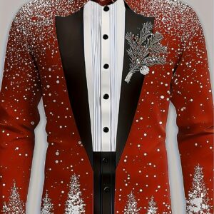 Men'S Stylish Long-Sleeve Shirt with a Collar, Decorated with a Black Bow Tie And a Vest Featuring Print Elements of White Snowflakes And Pine Trees, Embodying a Christmas Theme, Perfect for Festive Occasions, Casual Wear, Parties