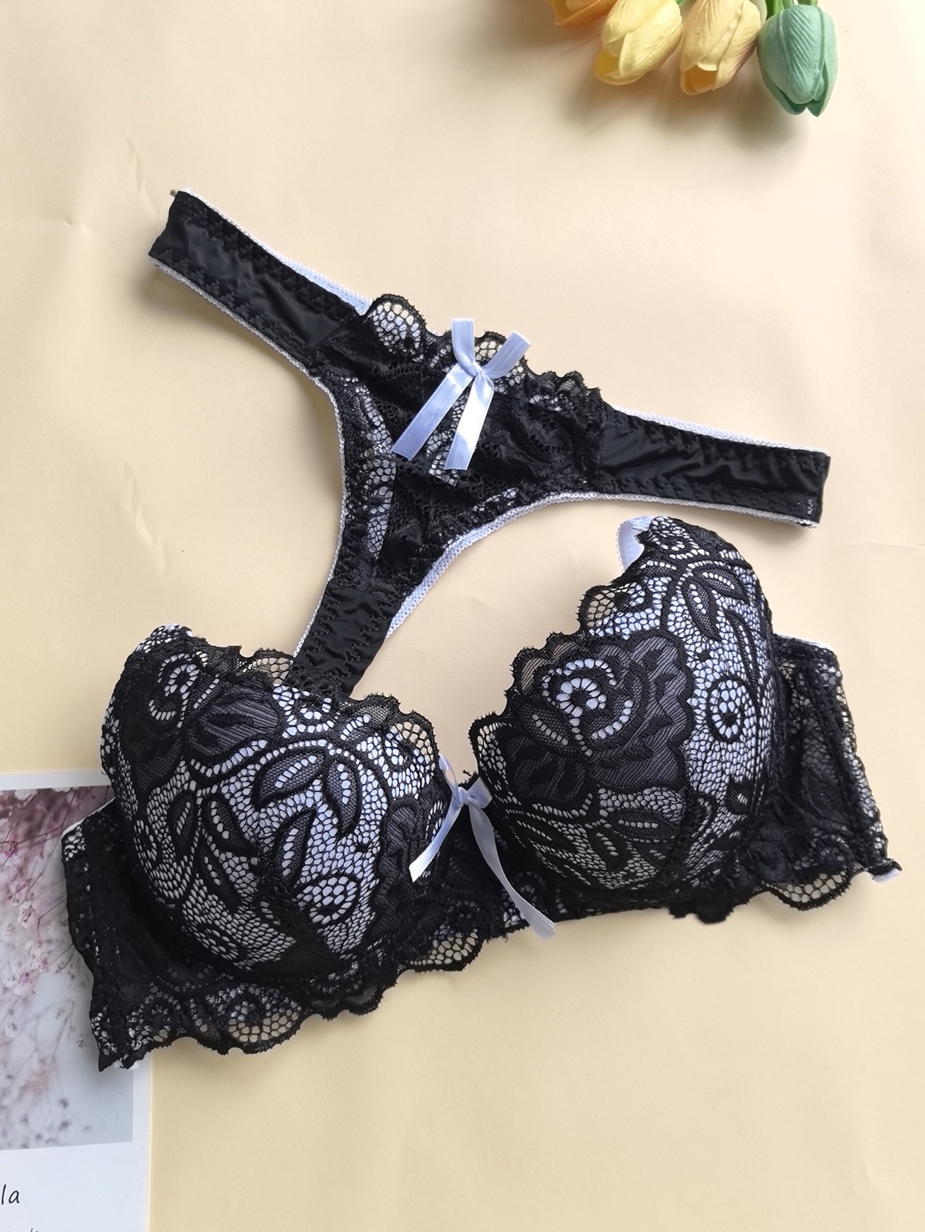 High-Quality French Lace Sexy Women'S Bra Set with Exquisite Deep V Neckline and Comfortable Thong Panty, Lingerie Set, Intimate Apparel, Elegant Lingerie, Feminine Style, Delicate Lace, Breathable Material, Women'S Underwear, Matching Panty, Seductive Lingerie, Hot Essentials, Soft Comfort, Lace Bra, Plus Size Bra - Image 2