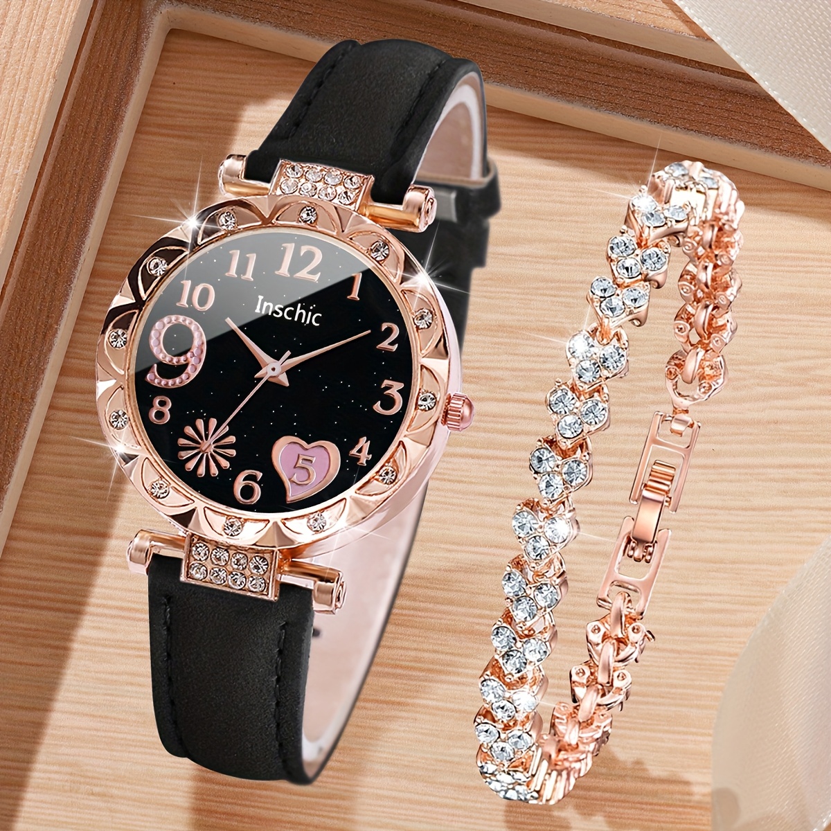 2pcs Women' Rhinestone Accent & Heart Bracelet - Sparkling PU Leather Strap Quartz Wristwatch Suitable for Parties Weddings Daily Wear - Elegant Wrist Accessory Gift for Women - Image 2