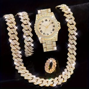 4pcs, Men's Rhinestone Bracelet Set, Ring Set, Men's Watch Gift Set