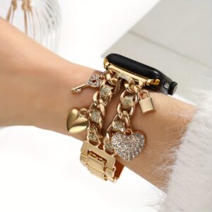 Stainless Steel Elegant Golden Heart Pendant Apple Watch Band with Fold Clasp - Compatible with iWatch Series 9/8/7/6/5/4/3/2/1, Durable Metal Strap for Women, Fashion Jewelry Accessory, Smartwatch Enhancement | Sophisticated Style | Polished Finish