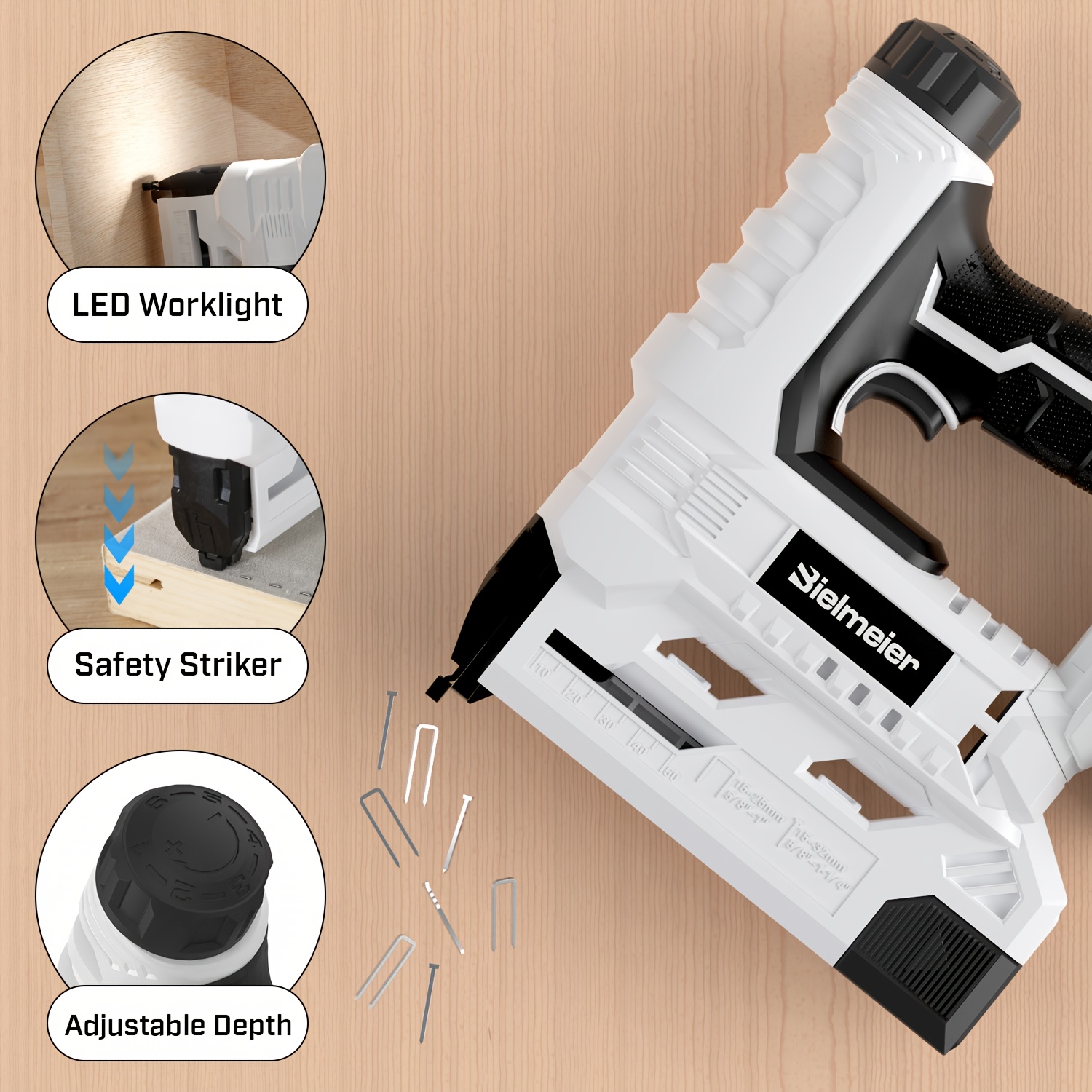 Bielmeier 20V/4V Cordless 2-in-1 Stapler/Nailer, Brad Nailer Without Compressor And Cord, Lightweight Design, with Safety Striker Guard, Battery&Charger, 1600/2000 Nails And Staples, for Carpentry And Upholstery & Perfect Gifts for DIYers - Image 8