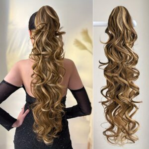 32-Inch Long Wavy Synthetic Hairpiece in Wine Red with a Drawstring Clip Ponytail Extension.