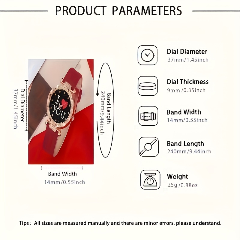 5pcs Elegant Women's Watch & Jewelry Set, Red PU Leather Strap Quartz Watch with Red Heart Rhiestone Necklace, Earrings & Ring - Elegant Gift for Birthdays,, Valentine's Day (Boxes Not Included) - Image 4