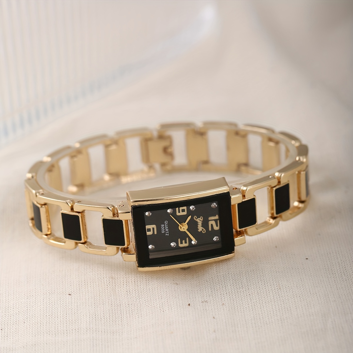 Black 6pcs Glamorous Square Rhinestone Quartz Watch Set - Zinc Alloy Strap, Pointer, And Case - Elegant Rhinestone Bracelet, Necklace, Earrings, And Ring Jewelry for Suitable for Teens - Image 6