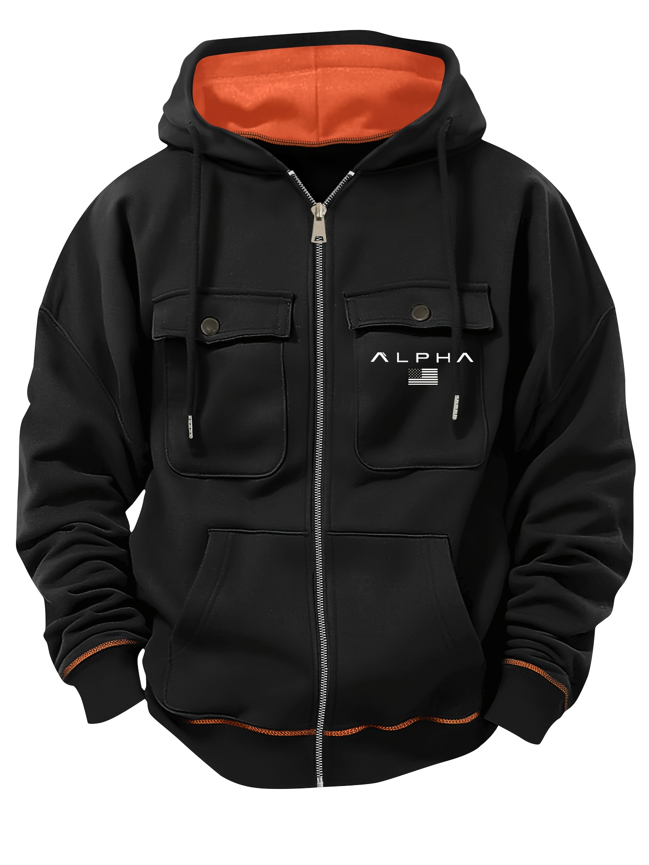 Men'S Heavy-Duty Thermal Jacket - Full-Zip Hooded Winter Coat with Zippered Pockets, Black/Orange Accents - Cold Weather Outerwear for Gym, Hiking, Commuting - Regular Fit Casual Outerwear, Winter Jacket, Hiking Apparel, Sporty Design, Durable Fabric, Active Lifestyle, Gym Wear, Functional Design, Highquality Construction, Outdoor Enthusiasts - Image 5