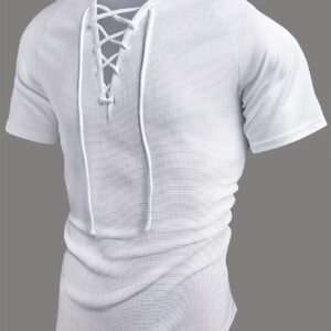 [Breathable Henley Shirt] Breathable & Lightweight Men's Summer Casual Henley Shirt | Knit V-Neck Short Sleeve with Lace-Up Front, Regular Fit Solid Color Henley Collar, Comfortable for Casual & Semi-formal Wear, Classic Collar