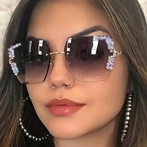 A Stylish Pair of Women'S Square Frameless Gradient Lens Glasses, Adorned with Crystal Decorations, Made of Metal with PC Lenses, Featuring a Casual Starry Design, Comes with a Glasses Cloth And a Storage Case for Glasses, Sunglasse Women Retro, Sunglasse Men Retro, Sunglasse Retro, Lenses For Women, Shade For Women