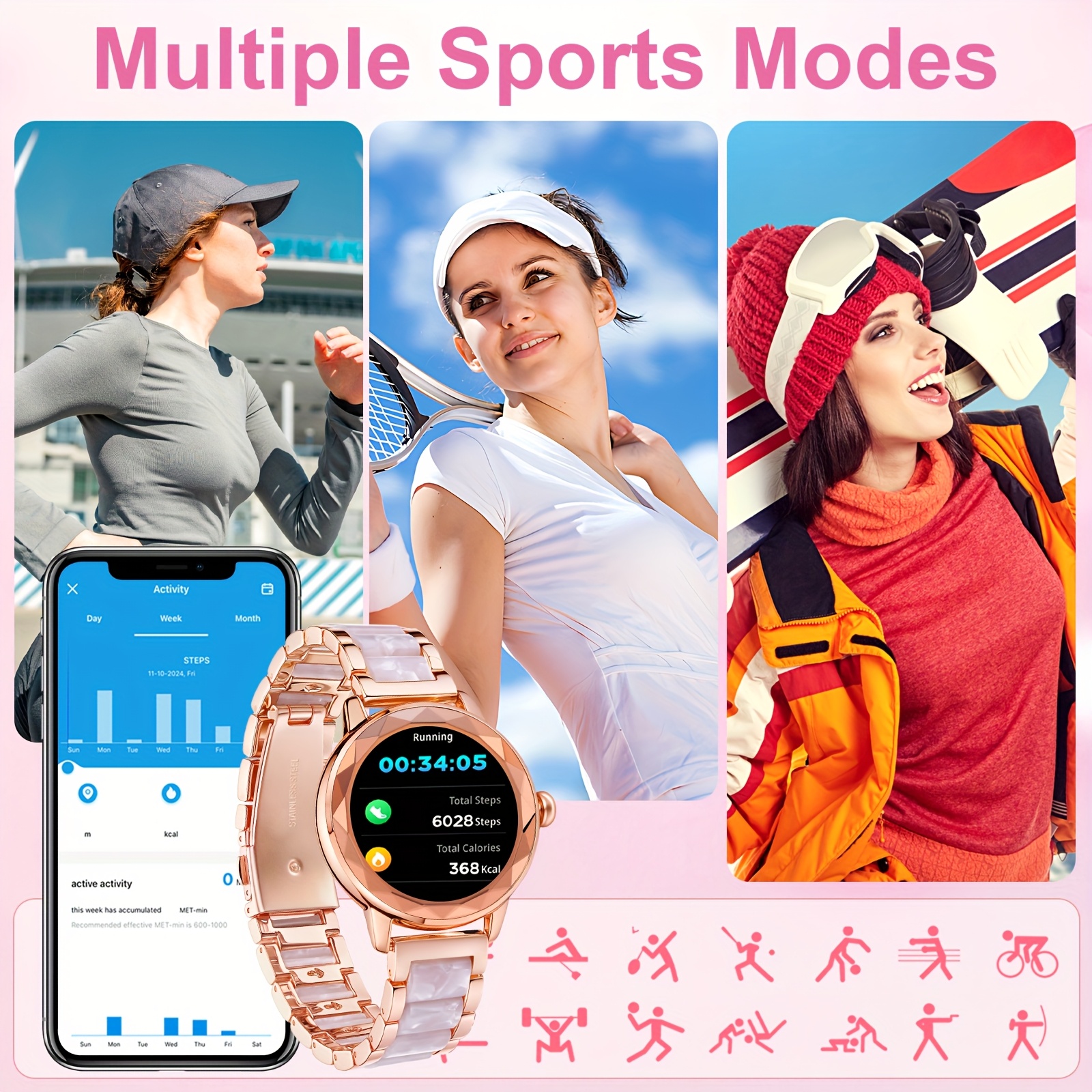 HOMAILIDA Women'S Elegant Smart Watch with Floral Design, Wireless Calls, Messages, Camera Control, Pedometer, Alarm Clock - Rose Golden & White Strap, Magnetic Charging, Perfect Gift for Family & Friends, Smart Watch for Android Phones, Fitness Tracking, Classic Watch Design, Durable Watchband - Image 5