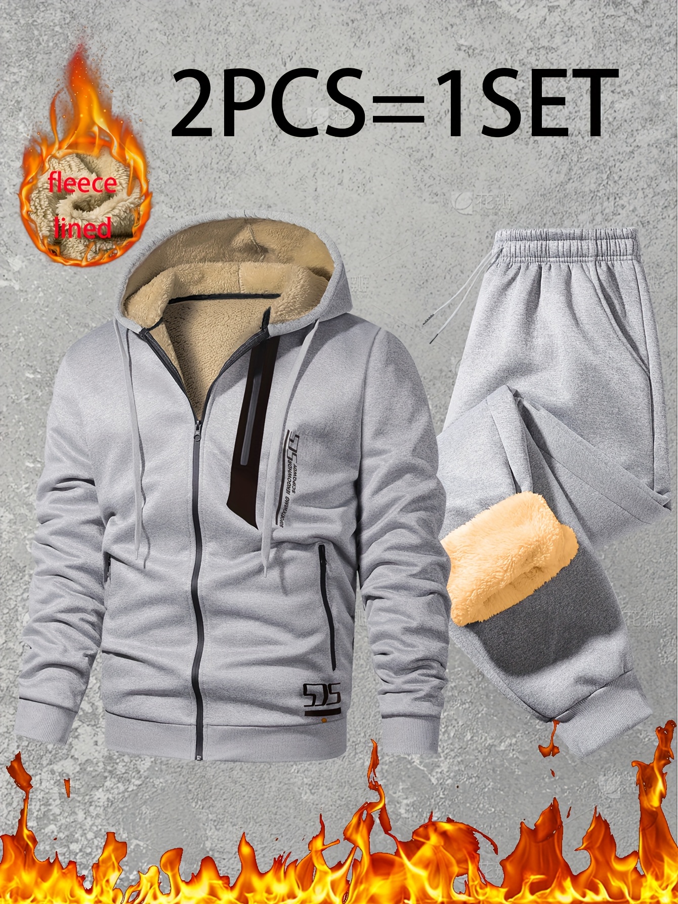 2-Piece Men's Hooded Tracksuit with Drawstring Joggers, Soft Plush Warm Sportswear, Winter Warm Set, Zip-Up Hooded Jacket and Cuffed Joggers, Light Beige-Friendly Soft Fabric, for Home Leisure, Sports, Shopping, Full-Zip Hoodie and Matching Joggers - Image 10