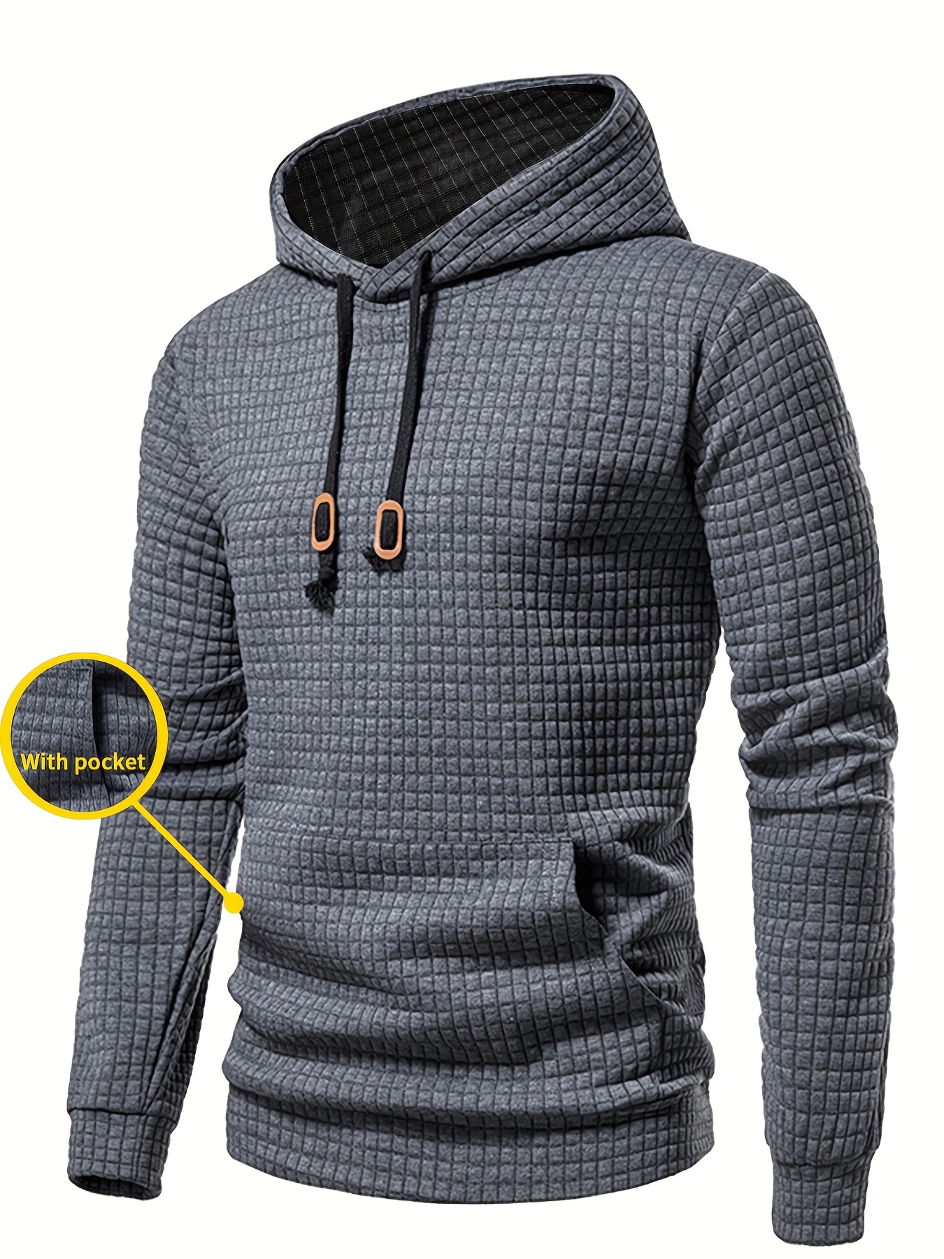 Men'S Casual Pullover Hooded Sweatshirt | Waffle Pattern Plaid Fabric, Long Sleeve, Hooded, Regular Fit, with Kangaroo Pocket, Streetwear for Winter Fall, As Gifts - Image 11