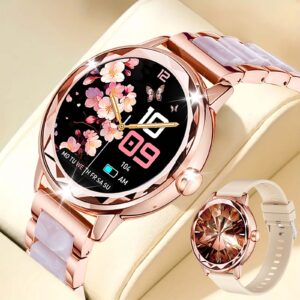 HOMAILIDA Women'S Elegant Smart Watch with Floral Design, Wireless Calls, Messages, Camera Control, Pedometer, Alarm Clock - Rose Golden & White Strap, Magnetic Charging, Perfect Gift for Family & Friends, Smart Watch for Android Phones, Fitness Tracking, Classic Watch Design, Durable Watchband