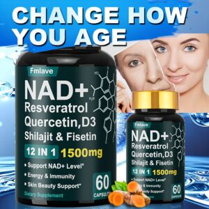 NAD+ Beauty Support Supplement, 12-in-1 Cellular Energy with Resveratrol, Fisetin, Turmeric & Black Pepper, Support Immunity & Brain Health for Women & Men, 30 Days Supply
