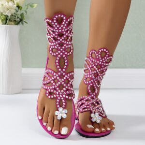 Summer New Round-Toe Open-Toe Rhinestone Sparkling Hollow-Out Fashion Women's Flat Open-Toe Sandals
