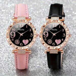 2pcs Women's Elegant Rhinestone Watch Set - PU Leather Strap Wristwatches with Quartz Movement, Shockproof Round Case & Analog, Casual & Dressy Watches Suitable for Ladies &