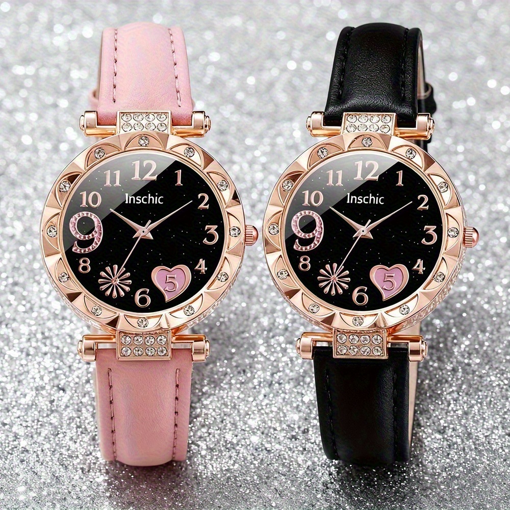 2pcs Women's Elegant Rhinestone Watch Set - PU Leather Strap Wristwatches with Quartz Movement, Shockproof Round Case & Analog, Casual & Dressy Watches Suitable for Ladies &