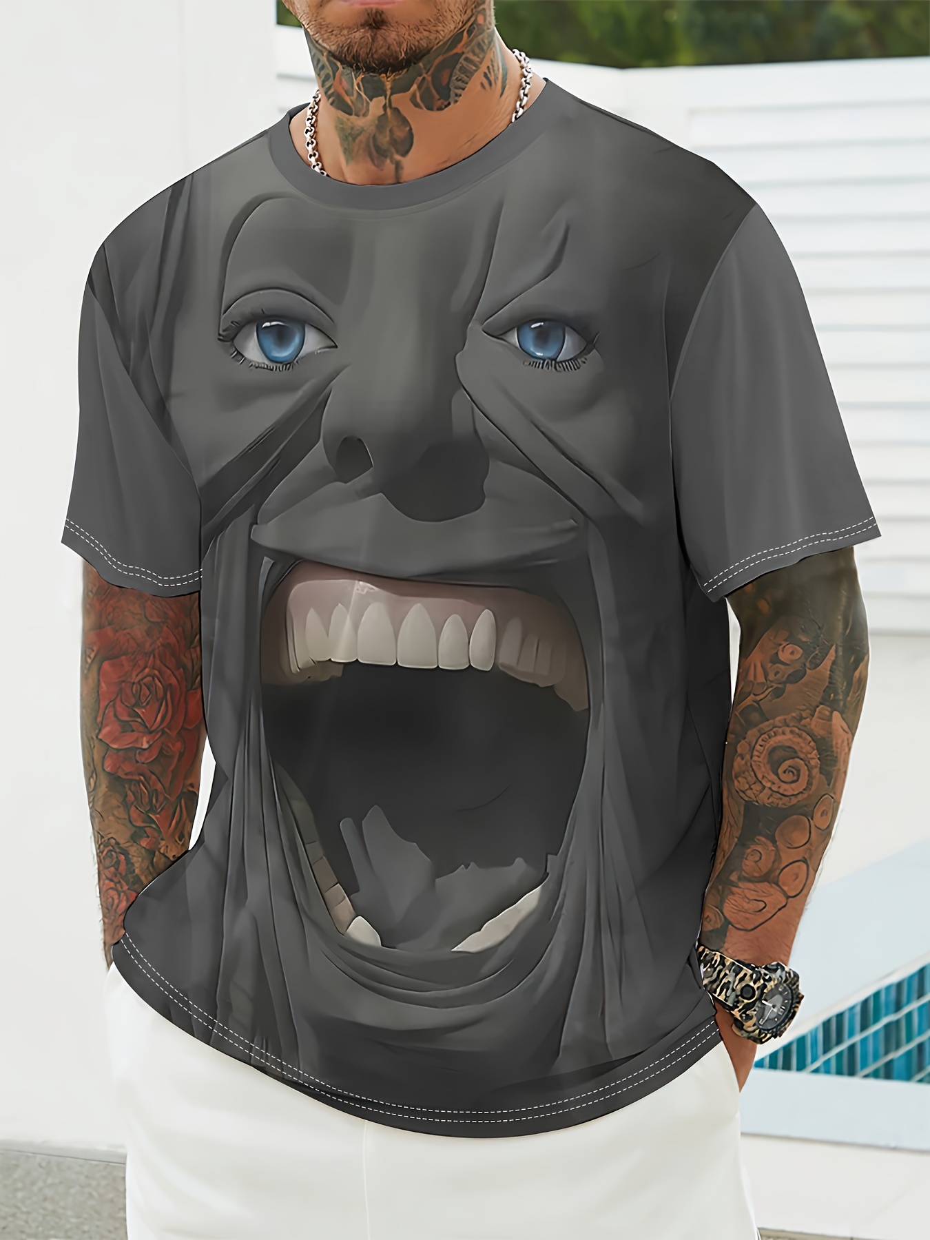 Men'S Graphic Tee - Summer Round Neck Short Sleeve Shirt, Casual Street Style, Lightweight Polyester, Striking Graphic Design, Everyday Wear | Bold Face Art | Lightweight Tee - Image 2