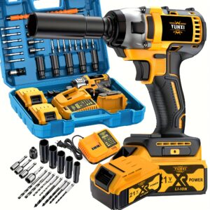 21V Cordless Impact Wrench Wireless Drill Set, Brushless Electric Impact Gun Drill, Optional 4000Mah Battery, Toolbox, Charger, Socket, And Full Accessory Kit. Ideal for Men'S Gifts for Cars And Homes | Christmas Presents