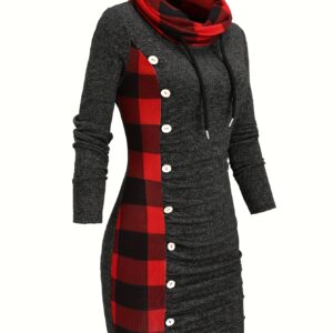 -Designed Plaid Patchwork Gathered Long Sleeve Dress