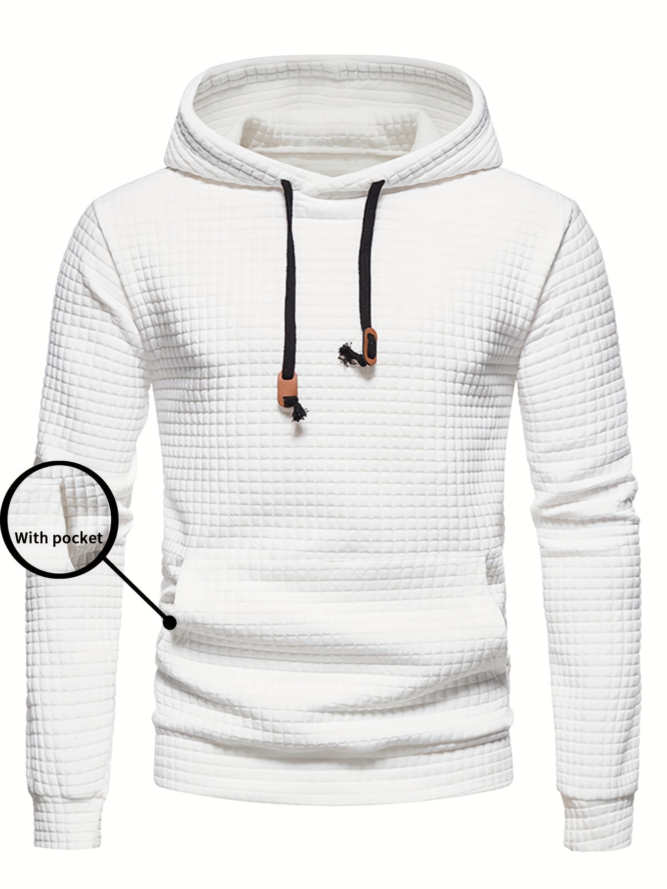 Men'S Casual Pullover Hooded Sweatshirt | Waffle Pattern Plaid Fabric, Long Sleeve, Hooded, Regular Fit, with Kangaroo Pocket, Streetwear for Winter Fall, As Gifts - Image 6
