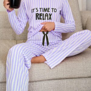 Bs0908 Women's Autumn/Winter Pajama 2pcs Set, Casual Striped Themed Comfortable Loungewear, Loose Round Neck Long Sleeve Top and Elastic Waistband Pants, Elegant Holiday Women's Wear, Perfect Gift Choice