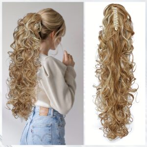 24" Heat-Resistant Ponytail Hairpiece with Claw Clip - Synthetic Curly Waves, Natural Look & Easy Clip-In Extension for Women, Long Ponytail for Cosplay, Parties, Everyday - Chocolate Brown to Blonde Ombre (Durable & Voluminous Curls), Cute Hair Accessories, Party Hairpiece, Versatile Hairpiece, Easy Clip Attachment