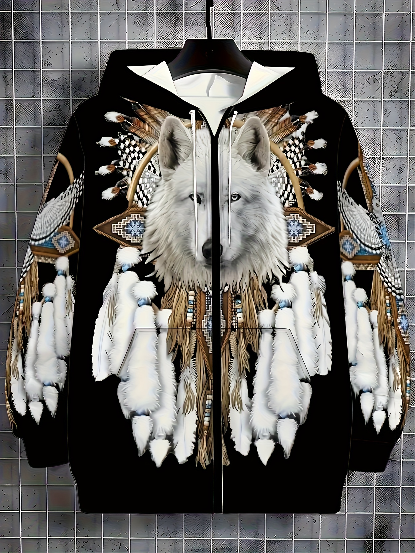 Plus Size Printed Hoodie with Zipper - Stylish Wolf King Graphic, Elastic Fabric Machine Washable for Fitness Running Spring Autumn Outdoor Casual Streetwear Niche Sportswear Eye-Catching Pattern Easy Care Long Sleeve Top, PLUS SIZE