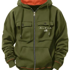 Men'S Heavy-Duty Thermal Jacket - Full-Zip Hooded Winter Coat with Zippered Pockets, Black/Orange Accents - Cold Weather Outerwear for Gym, Hiking, Commuting - Regular Fit Casual Outerwear, Winter Jacket, Hiking Apparel, Sporty Design, Durable Fabric, Active Lifestyle, Gym Wear, Functional Design, Highquality Construction, Outdoor Enthusiasts