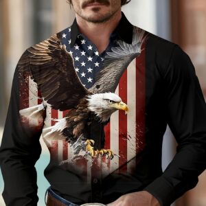 Men's Fashion National Flag Eagle Casual Shirt, Vintage Style Men's Long Sleeve Shirt, American Flag and Eagle Print Design, Western Cowboy Style Top