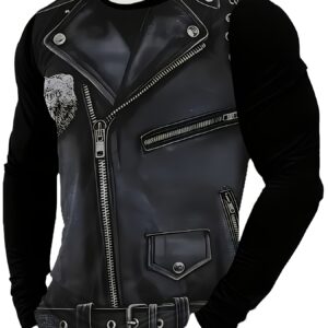 Men's 3D Digital Print Casual T-Shirt, Imitation Zipper Leather Pattern Print Novelty Long Sleeve 2025 New Gift Choice Breathable Stretch Fabric Crew Neck Suitable for all seasons, smooth texture Sporty Comfortable and versatile fashionable