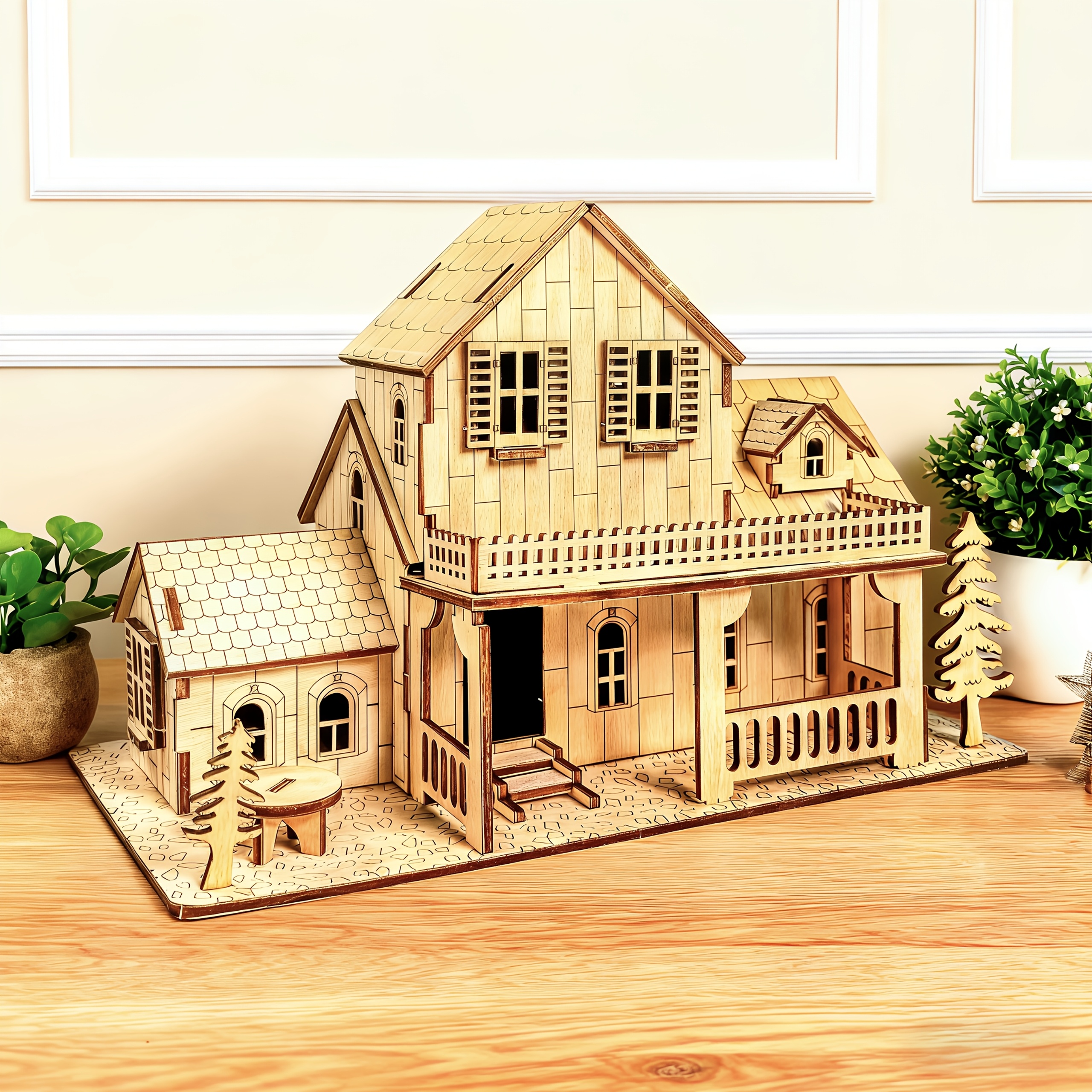 3D Wooden House Model Puzzle Set | Complex Architectural Structure with Roof, Railings, Windows, and Doors Details - Creative Craft Project | Ideal for Birthday or Christmas Gift - Educational Toy - Image 4