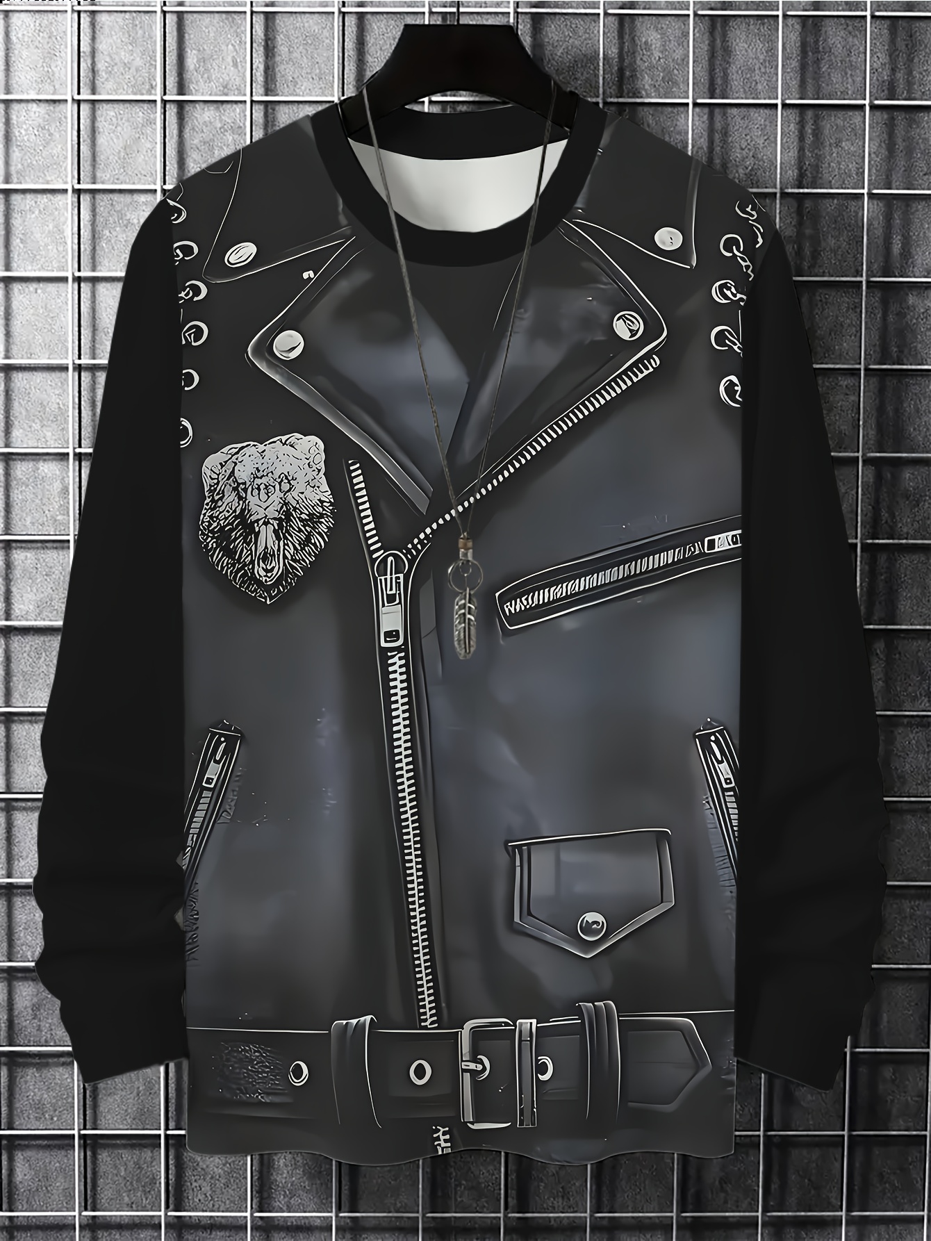 Men's 3D Digital Print Casual T-Shirt, Imitation Zipper Leather Pattern Print Novelty Long Sleeve 2025 New Gift Choice Breathable Stretch Fabric Crew Neck Suitable for all seasons, smooth texture Sporty Comfortable and versatile fashionable - Image 3