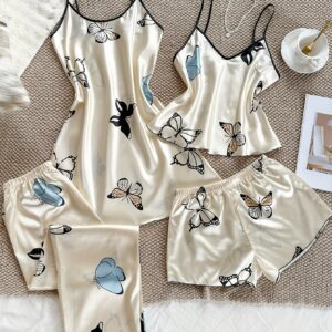 [Floral Pajama Set] 4pcs Women's Floral Print Pajama Set | V-Neck Camisole Top & Shorts with Long Pants, All-Season Casual Sleepwear, Light Design