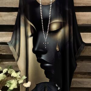 Plus Size - Casual Elegant Comfortable Crew Neck Short Sleeve T-Shirt | Large Size, Tearful Dream Portrait Print, No Accessories