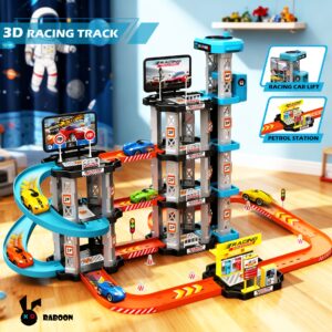3D Three-Dimensional Racing Car Multi-Layer Track Toy Set Includes 2 Small Cars with Drifting Tracks And a Gas Station Car Barrier Service Center Assembly Model. It'S an Educational Construction Toy That Helps Develop Hands-On Thinking And Coordinat