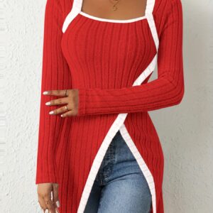 Elegant Color-Blocked Long-Sleeve T-Shirt with a Square Neckline And Side Slits