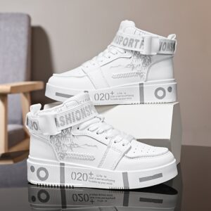 Men'S High-Top Casual Sneakers - White & Black Random Pattern, Synthetic Cover Upper, EVA Cushioned Sole, Breathable Fabric Lining, All-Season Comfort for Casual Attire, Comfortable Footwear, Modern Hightops, Durable Footwear, Sporty Design, Lightweight Construction, Urban Fashion