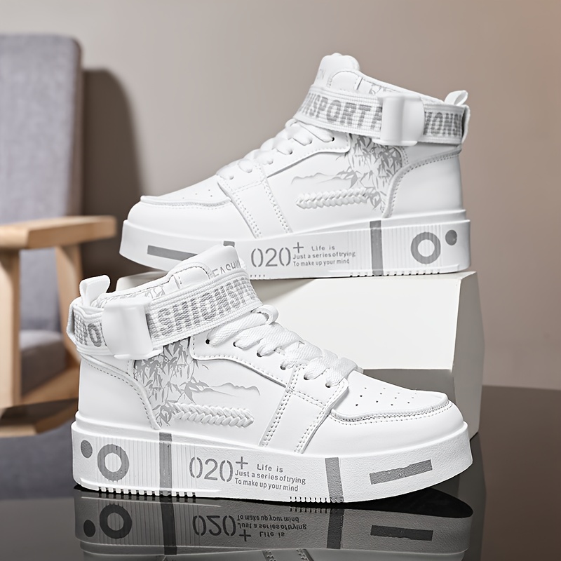 Men'S High-Top Casual Sneakers - White & Black Random Pattern, Synthetic Cover Upper, EVA Cushioned Sole, Breathable Fabric Lining, All-Season Comfort for Casual Attire, Comfortable Footwear, Modern Hightops, Durable Footwear, Sporty Design, Lightweight Construction, Urban Fashion