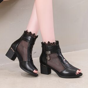 [Fashion High Heel] Mesh Ladies High Heel Shoes | Breathable, Synthetic Upper, Mid Heel, Open Toe, Zipper Closure, Solid Color - Hand Wash or Professional Dry Clean