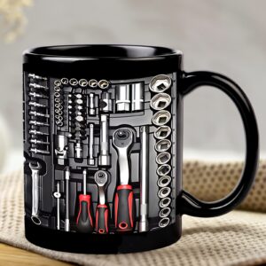 Heavy-Duty Mechanic Mug - 11oz Ceramic Coffee Cup with Automotive Tool Design (Wrench, Socket, Hex), Black/Gray Garage Decor - Ideal Gift for Mechanics, Car Enthusiasts, Fathers - Workshop, Garage, Office Drinkware