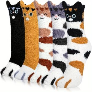 5 Pairs Women'S Slippers Socks | Coral Fleece Knee-length Socks with Cartoon Cat Paw Design, Plush and Fluffy for Winter