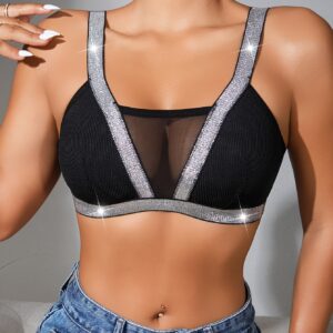 Women'S Sexy Lace Bra with Sparkling Silver Trim - Comfortable, Breathable, Medium Support, No Padding, Solid Color Design for Casual Attire, Comfortable Lingerie | Sexy Lace Bra | Comfortable Fit