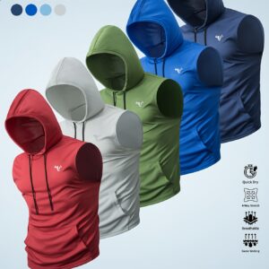 [5-Pack Men's Sweatshirts] Five-Pack Men's Hooded Sweatshirts | Summer Solid Color, Bull Head Reverse Print, Adjustable Drawstring, Lightweight Breathable Polyester Knit Fabric | Cool and Quick-Dry for Daily Gym Workouts, Outdoor Running, Cycling, Fishing, Basketball, etc