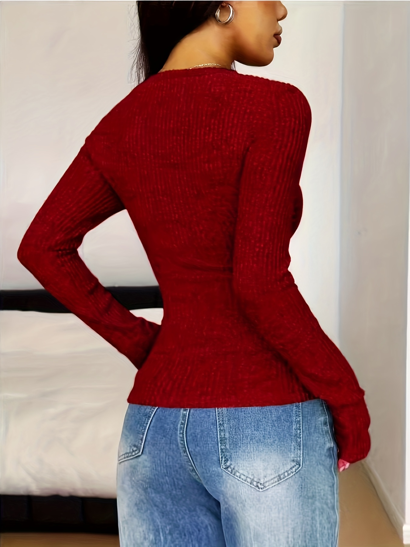 Women'S Casual V-Neck Long-Sleeve Top with Lace Patchwork And Button Decoration for Autumn And Winter, Part of The Women'S Fall Collection. - Image 10