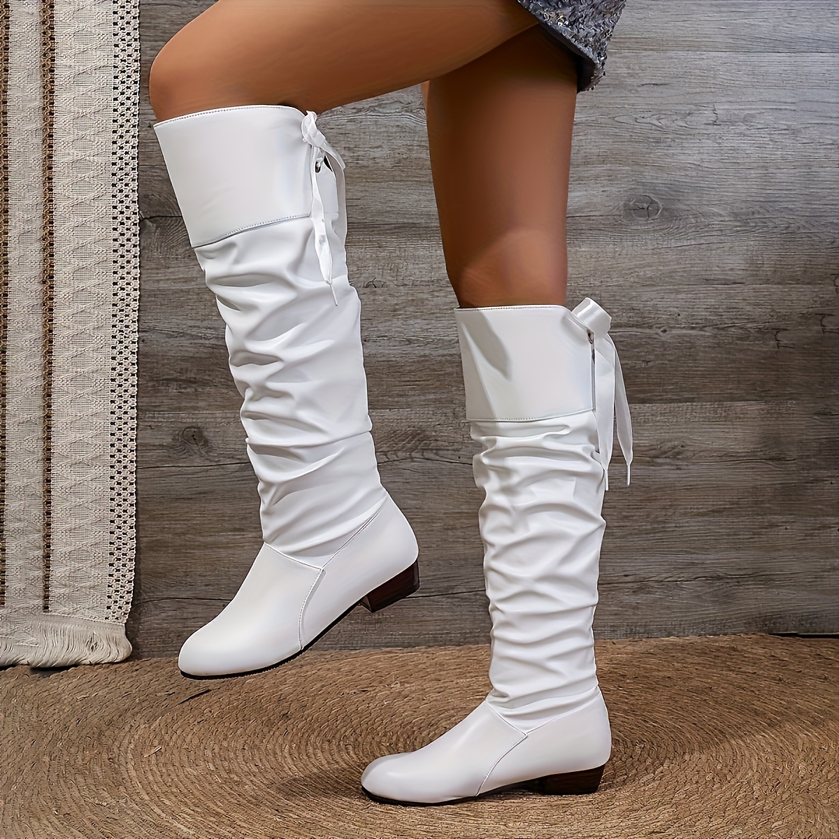 Elegant Knee-High Boots with Bow Detail -Square Toe, Chunky Low Heel, Lace-Up, Synthetic Upper with Rubber Sole. Available in White, Black, and Red. Exclusive for Fashionable Women. Women's Boots. Women's Boots. Women's Shoes - Image 9
