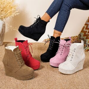 Women's Fashion Boots, Round Toe Lace-Up Thick Sole Wedge Ankle Boots, Ultra High Heel Plush Lined Boots