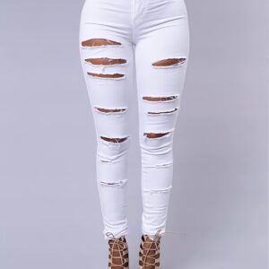 Women's High-Waisted Stretch Skinny Ripped Jeans - White Distressed Denim Pants with Button Closure, Sexy Street Style Casual Trousers, All-Season Comfort, Hand Wash Only, Fashion-Forward Attire, Comfortable Fashion | Nontransparent Material